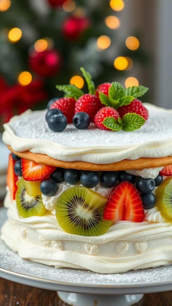 A festive Korean Christmas cake with layers of sponge and fruits, decorated with whipped cream and mint leaves.